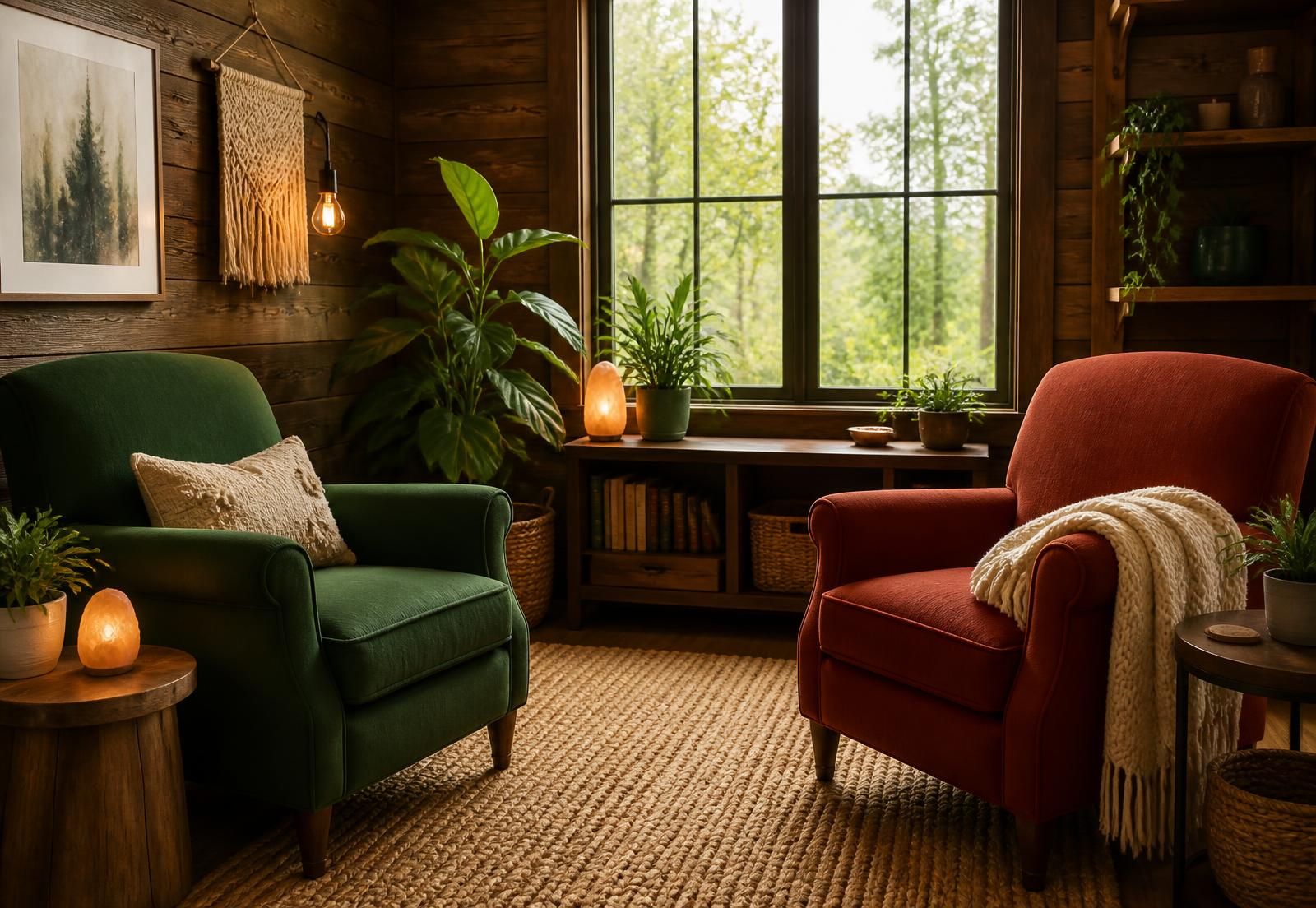 Rustic counselling room with two armchairs facing each other beside a window